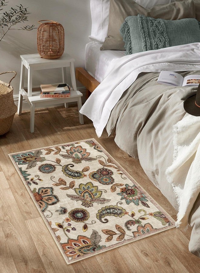 Morebes Vintage Floral Small Kitchen Rug,2x3 Rug Non Slip, Washable Paisley Design Door Rugs for Entryway Indoor,Non Shedding Kitchen Sink Throw Carpet for Bathroom Laundry, Beige Ivory - Image 4